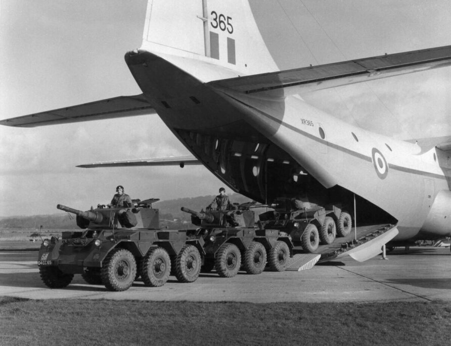 Alvis Saladin Armoured Car 12 33 tons of Saladin unload from Short Belfast XR365. Circa 1967