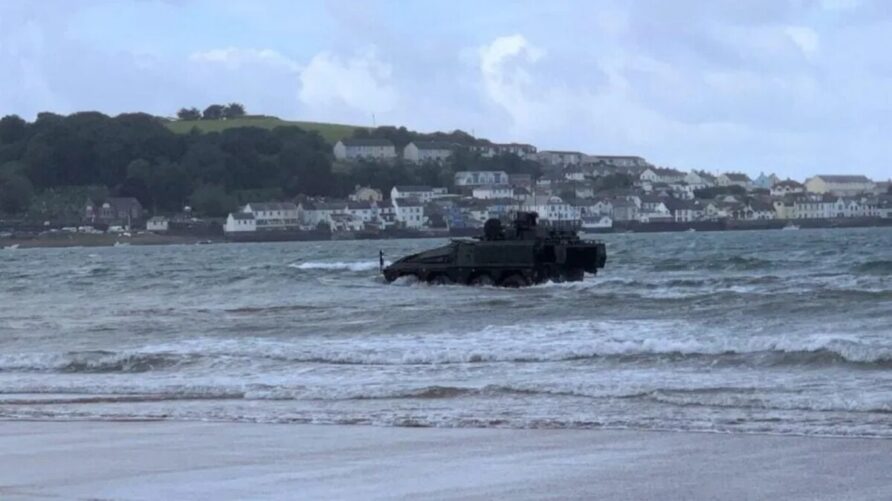 Mechanised Infantry Vehicle (MIV) 9 British Army Boxer conducts water fording trials at Instow Beach